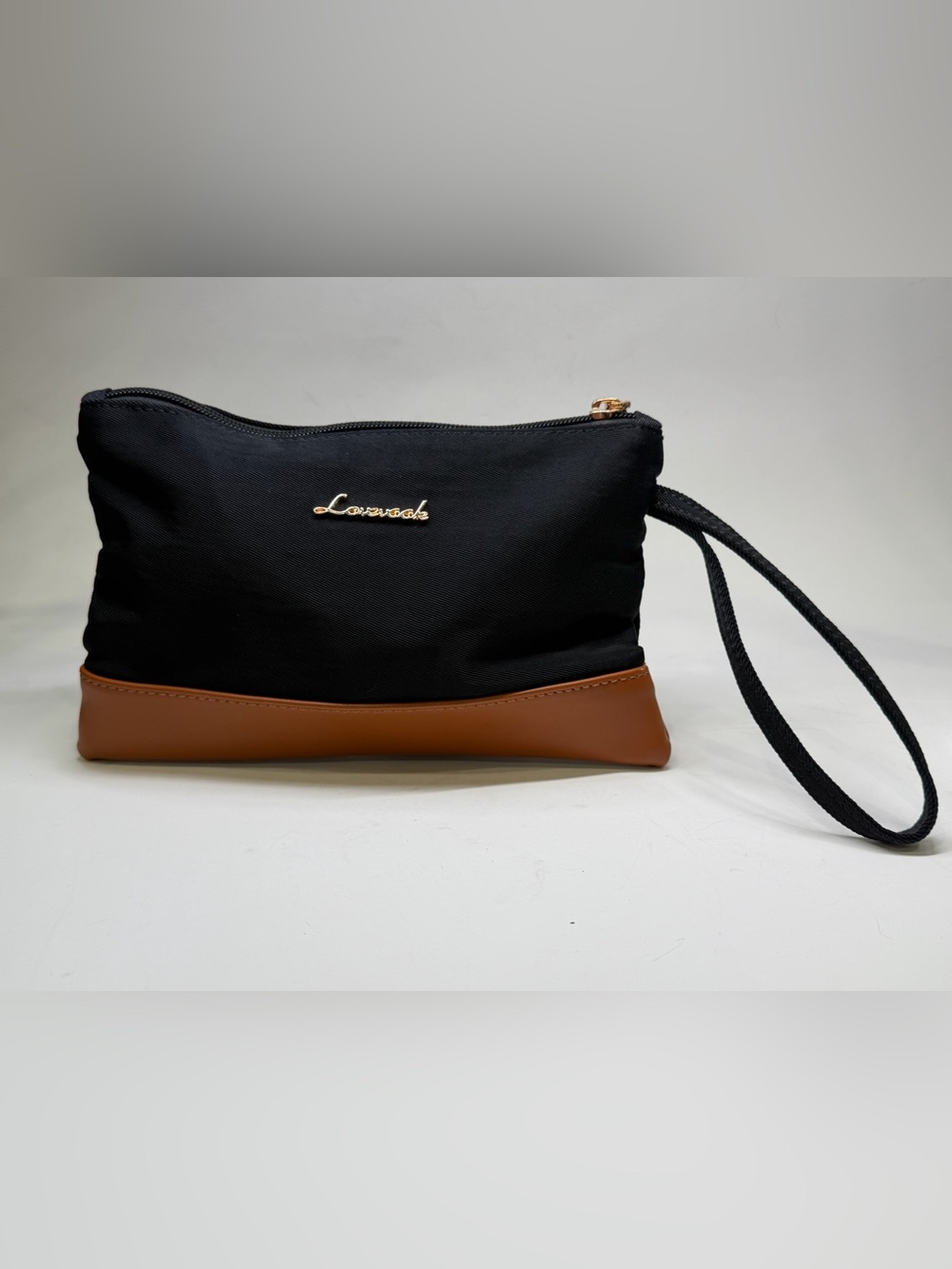 Lovevook Makeup Bag Women's Black Fabric w Leather, Gold Logo
